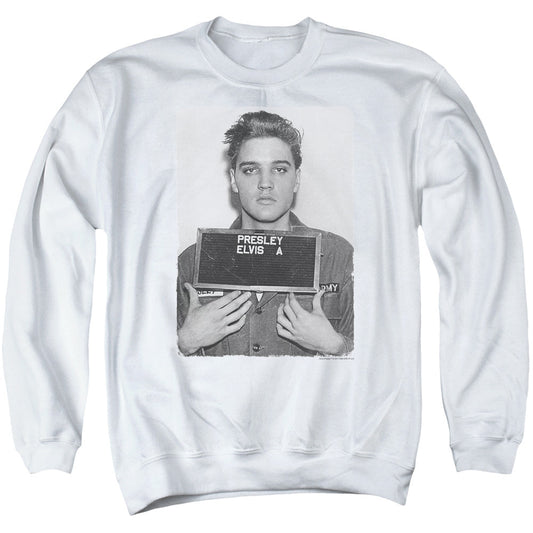 Elvis Presley Army Mug Shot Mens Crewneck Sweatshirt White