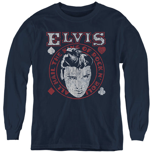 Elvis Presley Hail the King Long Sleeve Kids Youth T Shirt Navy Blue Officially Licensed