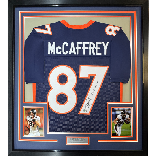 Framed Autographed/Signed Ed McCaffrey 35x39 2x SB Champs Denver Blue Football Jersey Beckett BAS COA