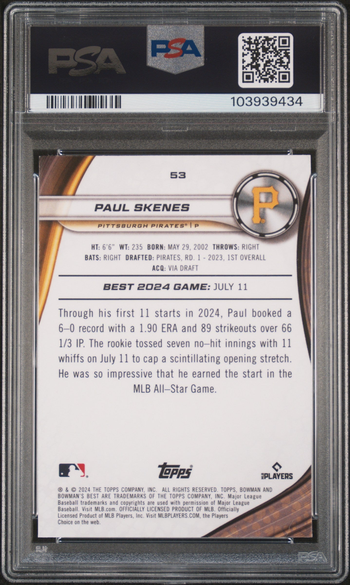 Graded 2024 Topps Bowmans Best Paul Skenes #53 Rookie RC Baseball Card PSA 10 Gem Mint
