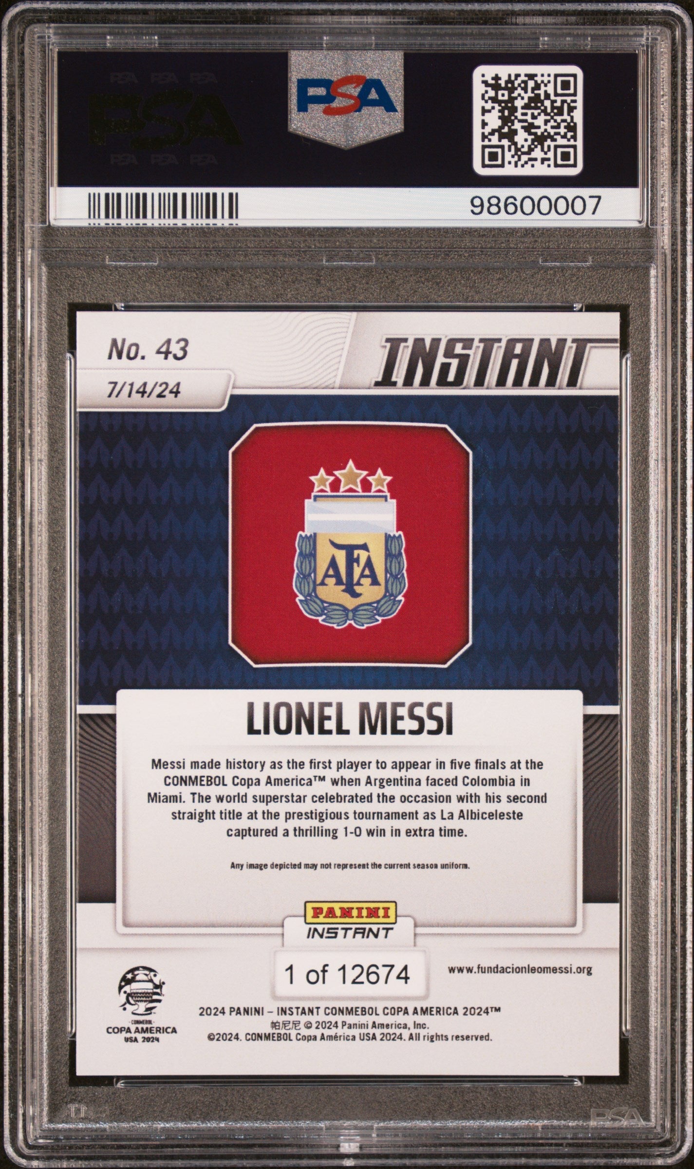 Graded 2024 Panini Instant Lionel Messi #43 Copa America Soccer Card PSA 9 Mint