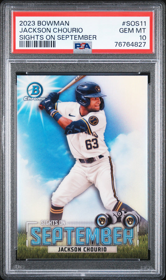 Graded 2023 Topps Bowman Jackson Chourio #SOS11 Sights on September Rookie RC Baseball Card PSA 10 Gem Mint