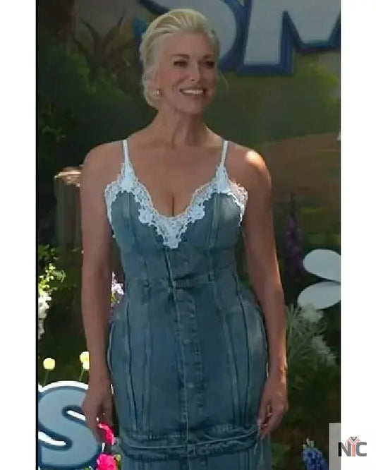 E! News Hannah Waddingham Denim Trim Dress
