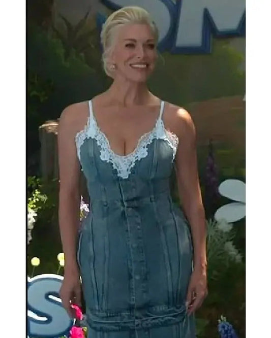E! News Hannah Waddingham Denim Trim Dress