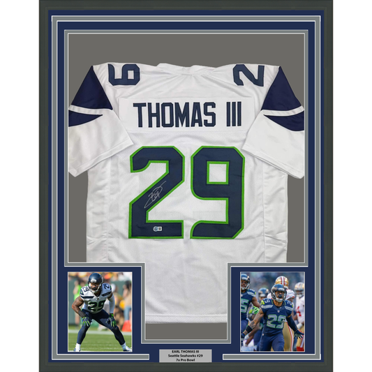 Framed Autographed/Signed Earl Thomas III 35x39 Seattle White Football Jersey Beckett BAS COA