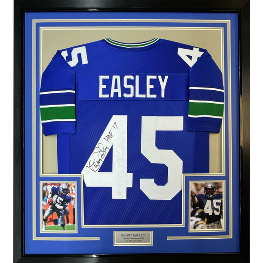 Framed Autographed/Signed Kenny Easley 35x39 HOF 17 Seattle Blue Football Jersey JSA COA