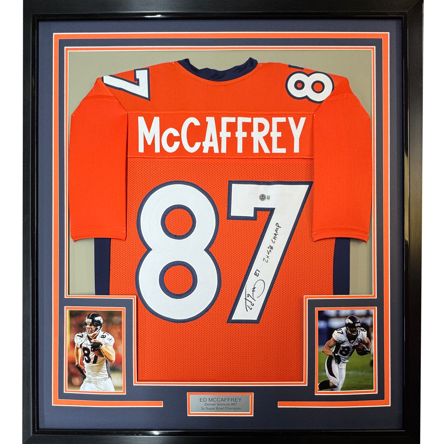 Framed Autographed/Signed Ed McCaffrey 35x39 2x SB Champs Denver Orange Football Jersey Beckett BAS COA