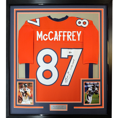 Framed Autographed/Signed Ed McCaffrey 35x39 2x SB Champs Denver Orange Football Jersey Beckett BAS COA