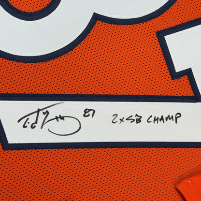 Framed Autographed/Signed Ed McCaffrey 35x39 2x SB Champs Denver Orange Football Jersey Beckett BAS COA