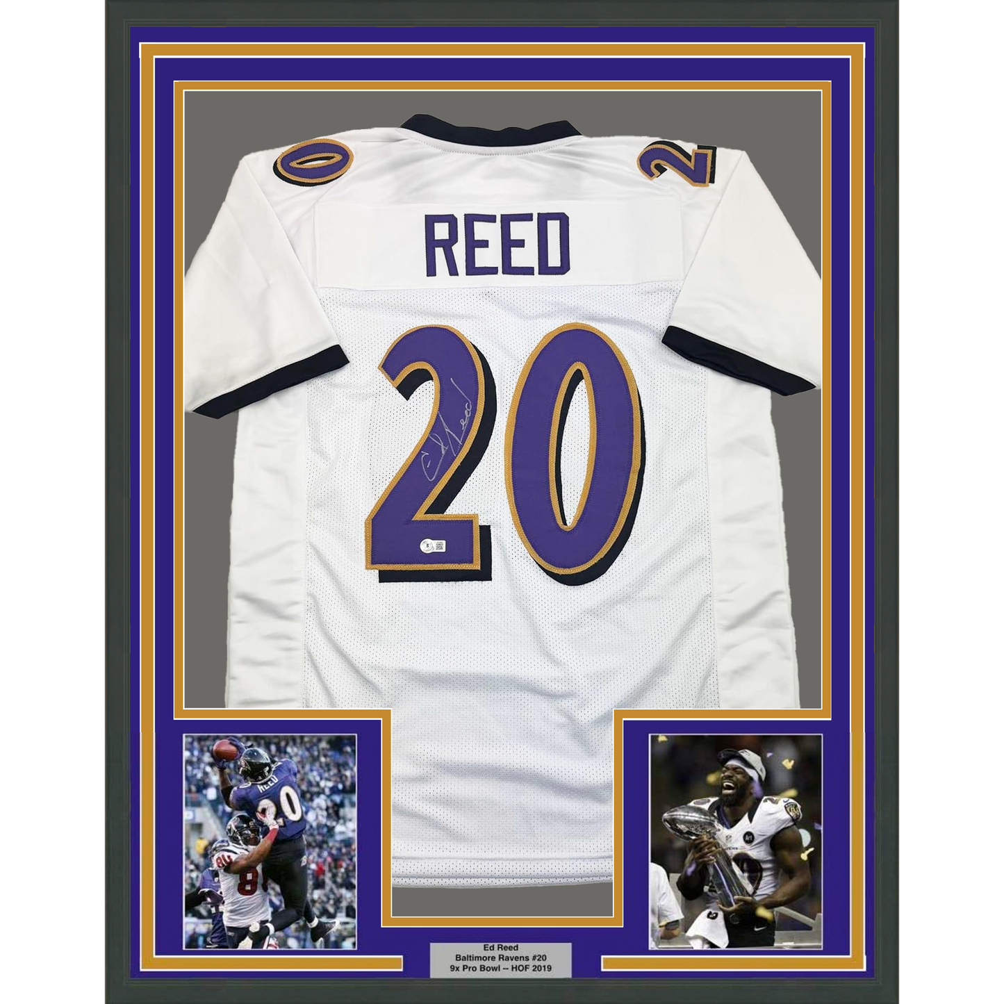 Framed Autographed/Signed Ed Reed 35x39 Baltimore White Football Jersey Beckett BAS COA