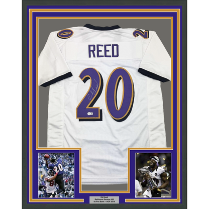 Framed Autographed/Signed Ed Reed 35x39 Baltimore White Football Jersey Beckett BAS COA