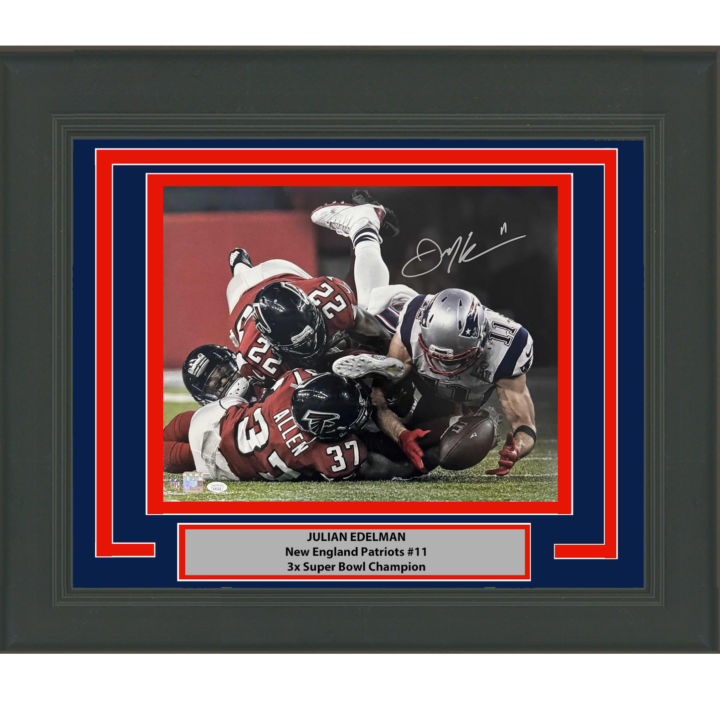 Framed Autographed/Signed Julian Edelman New England Patriots 16x20 Football Photo JSA COA