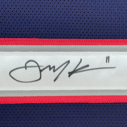 Framed Autographed/Signed Julian Edelman 35x39 New England Blue Football Jersey JSA COA