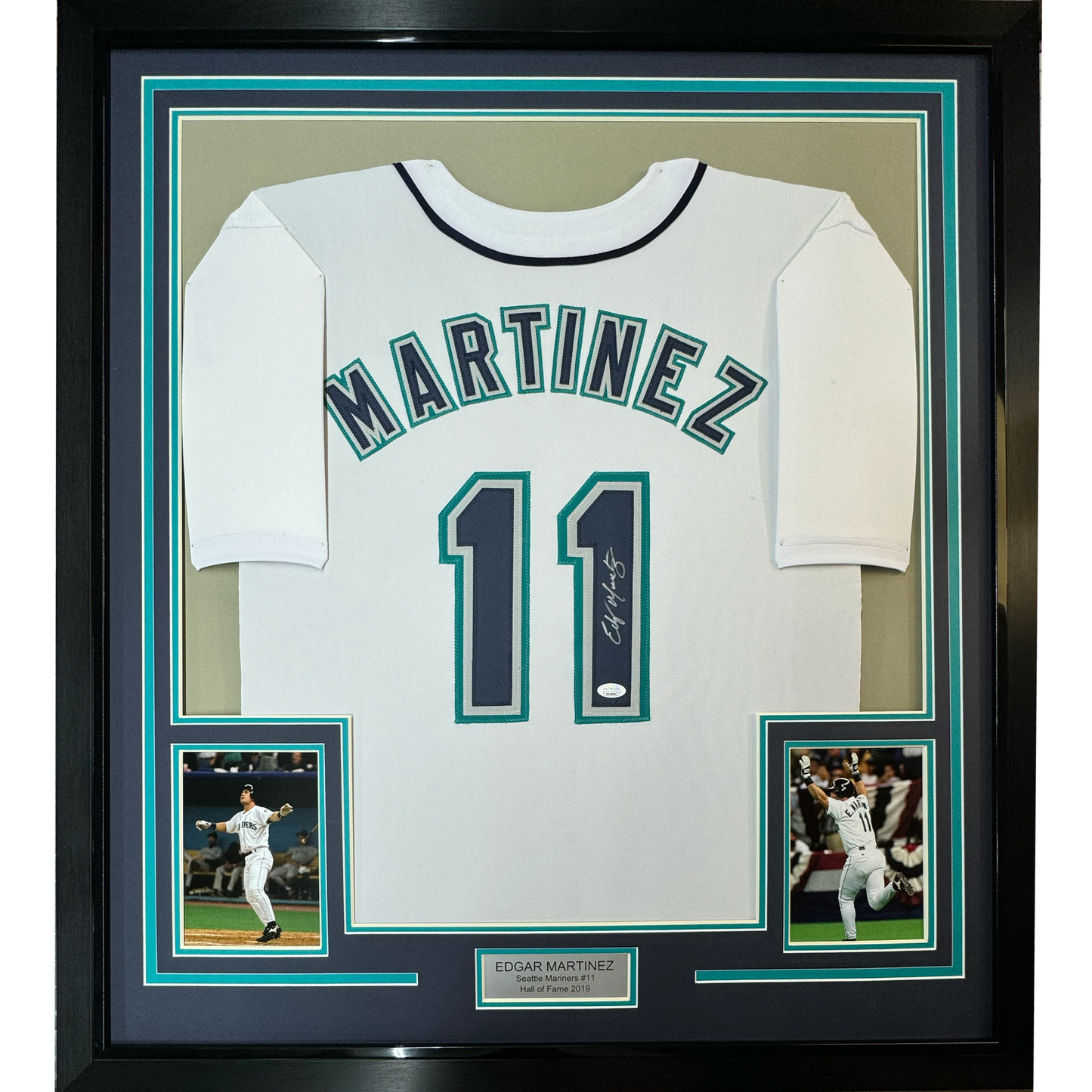 Framed Autographed/Signed Edgar Martinez 35x39 Seattle White Baseball Jersey JSA COA