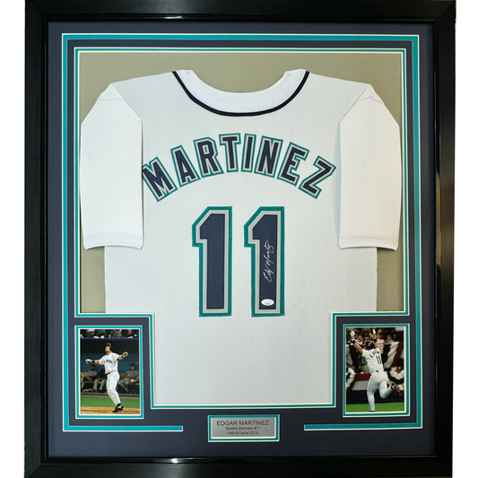 Framed Autographed/Signed Edgar Martinez 35x39 Seattle White Baseball Jersey JSA COA