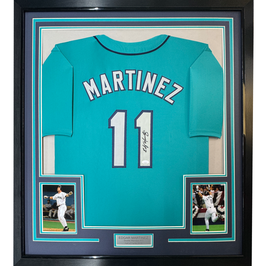 Framed Autographed/Signed Edgar Martinez 35x39 Seattle Teal Baseball Jersey JSA COA
