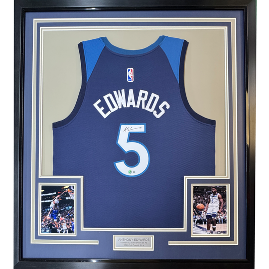 Framed Autographed/Signed Anthony Edwards 35x39 Minnesota Blue Basketball Jersey Beckett BAS COA