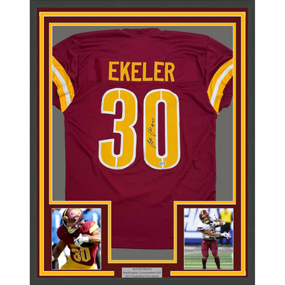 Framed Autographed/Signed Austin Ekeler 35x39 Washington Burgundy Football Jersey Beckett BAS COA
