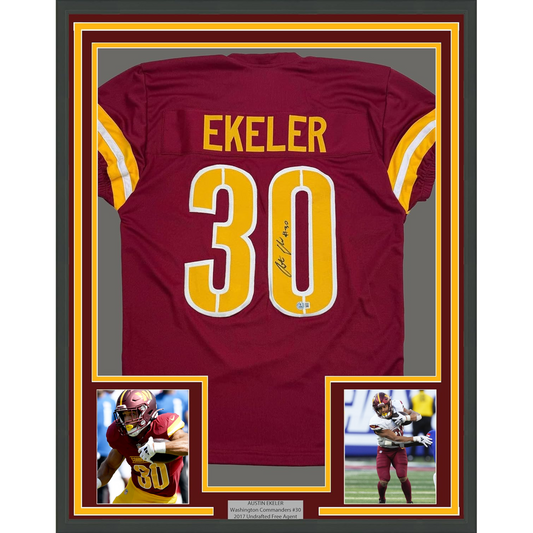 Framed Autographed/Signed Austin Ekeler 35x39 Washington Burgundy Football Jersey Beckett BAS COA