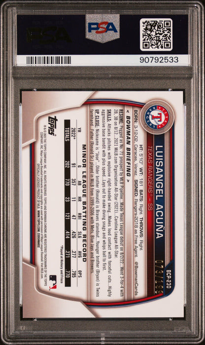 Graded 2023 Topps Bowman Chrome Mega Box Luisangel Acuna #230 Pink #/199 Rookie RC Baseball Card PSA 10 Gem Mint