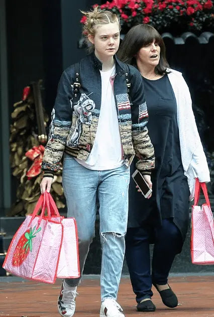 Elle Fanning Saint Laurent Moon Landing Black Varsity Jacket