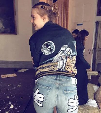 Elle Fanning Saint Laurent Moon Landing Black Varsity Jacket