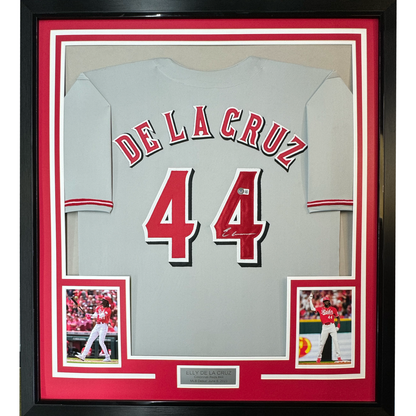 Framed Autographed/Signed Elly De La Cruz 35x39 Cincinnati Grey Baseball Jersey Beckett BAS COA
