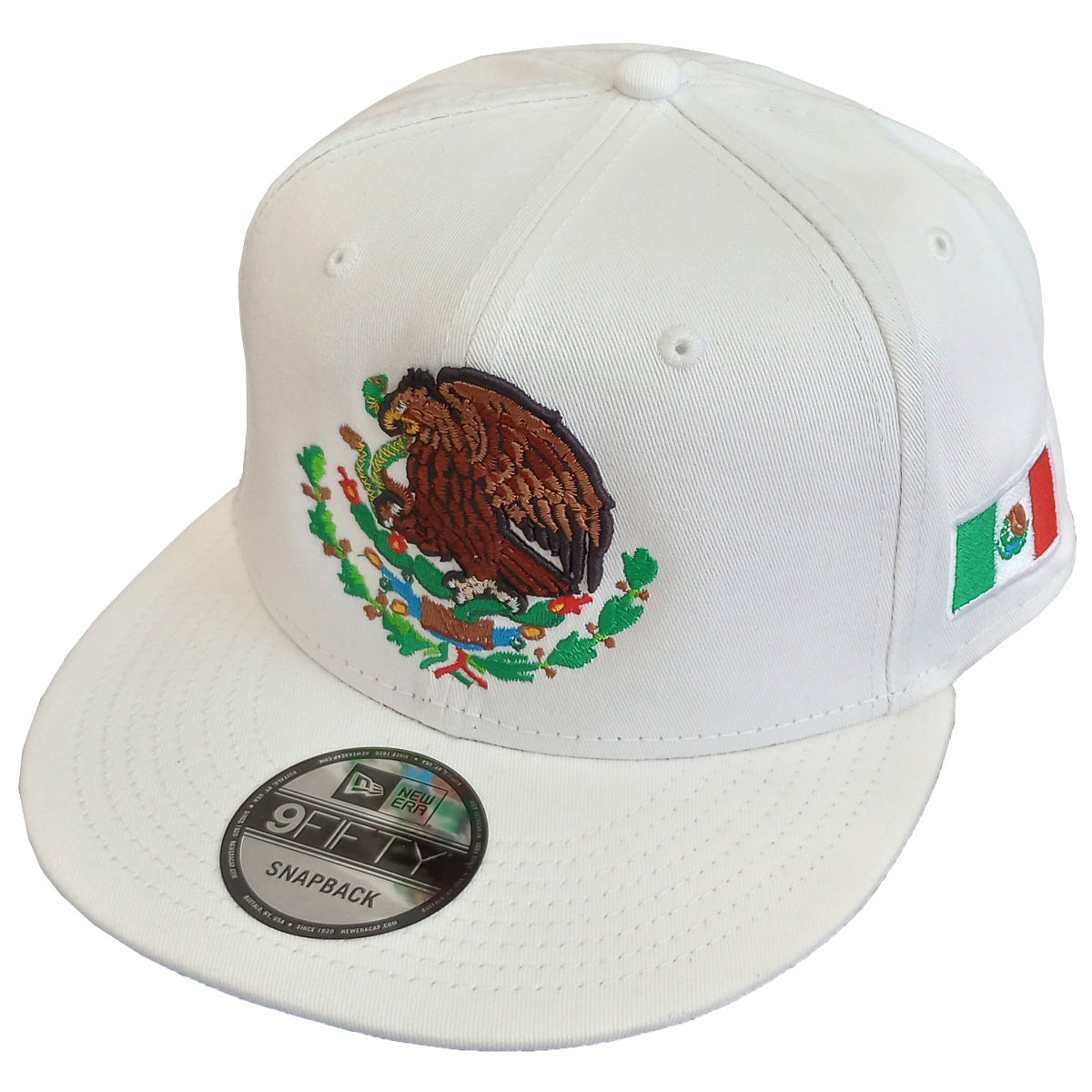 Embroidered Shield and flag SnapBack Mexico New Era White Hat