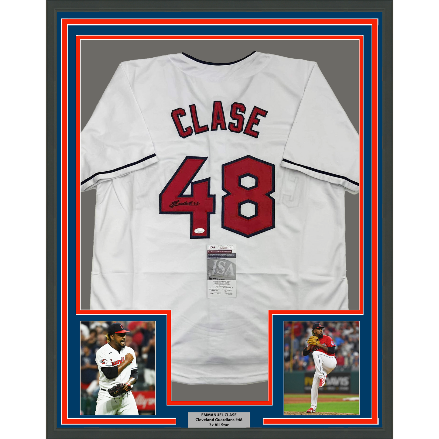Framed Autographed/Signed Emmanuel Clase 35x39 Cleveland White Baseball Jersey JSA COA