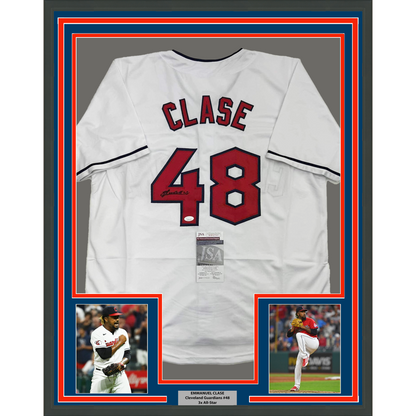 Framed Autographed/Signed Emmanuel Clase 35x39 Cleveland White Baseball Jersey JSA COA