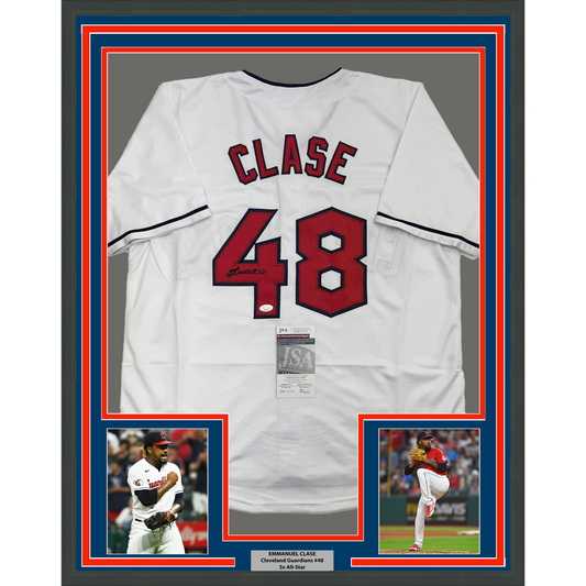 Framed Autographed/Signed Emmanuel Clase 35x39 Cleveland White Baseball Jersey JSA COA