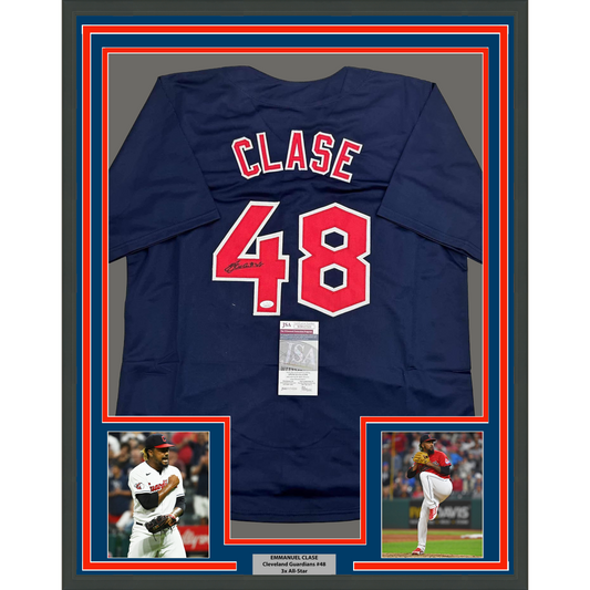 Framed Autographed/Signed Emmanuel Clase 35x39 Cleveland Blue Baseball Jersey JSA COA