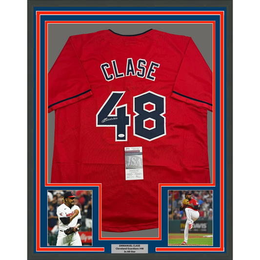 Framed Autographed/Signed Emmanuel Clase 35x39 Cleveland Red Baseball Jersey JSA COA