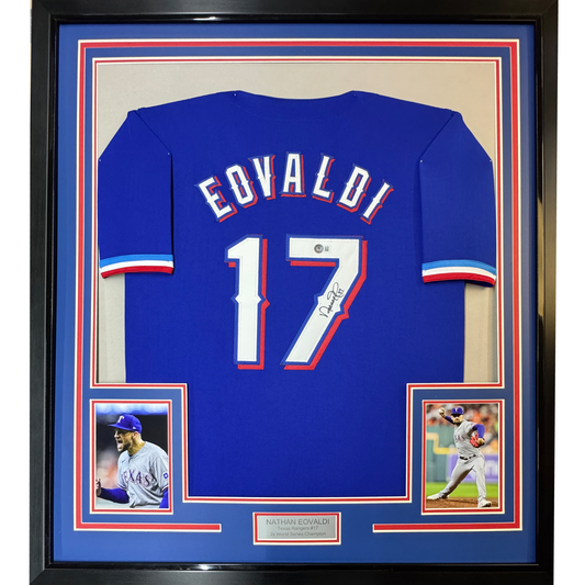 Framed Autographed/Signed Nathan Eovaldi 35x39 Texas Blue Baseball Jersey Beckett BAS COA