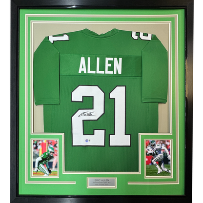 Framed Autographed/Signed Eric Allen 35x39 Philadelphia Kelly Green Football Jersey Beckett BAS COA