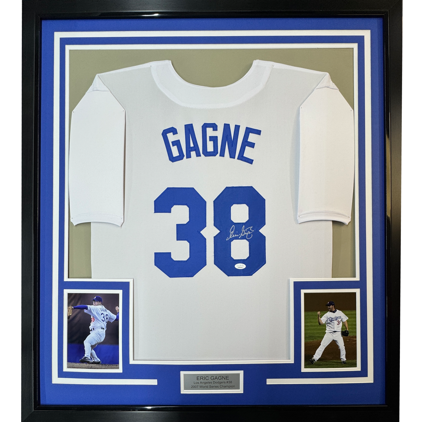 Framed Autographed/Signed Eric Gagne 35x39 Los Angeles LA White Baseball Jersey JSA COA