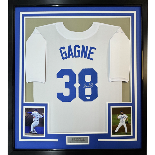 Framed Autographed/Signed Eric Gagne 35x39 Los Angeles LA White Baseball Jersey JSA COA