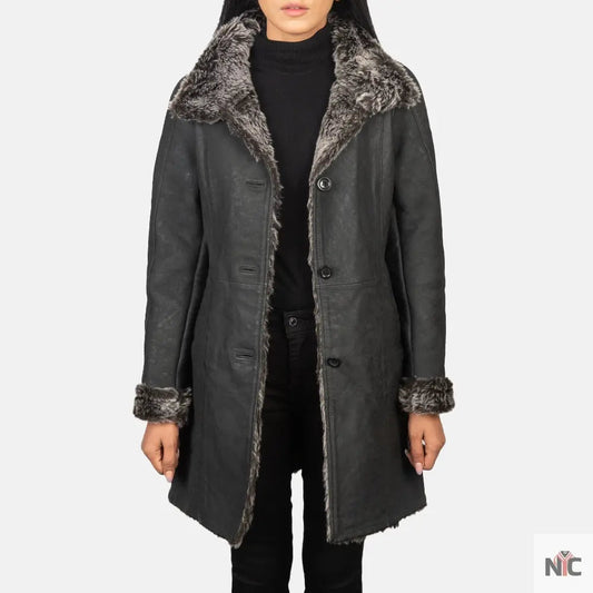 Erica Shearling Black Leather Coat