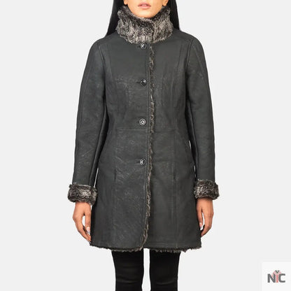 Erica Shearling Black Leather Coat