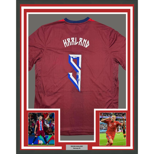 Framed Autographed/Signed Erling Haaland 35x39 Norway Maroon Soccer Futbol Jersey Beckett BAS COA