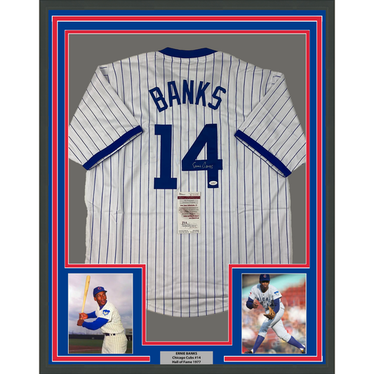 Framed Autographed/Signed Ernie Banks 35x39 Chicago Pinstripe Baseball Jersey JSA COA