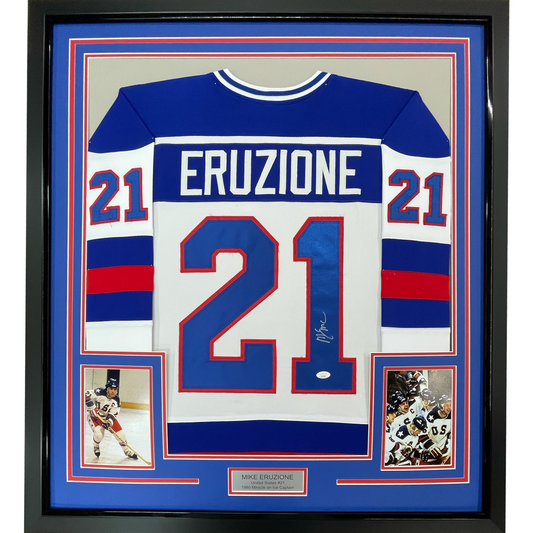 Framed Autographed/Signed Mike Eruzione 35x39 White 1980 Miracle On Ice United States Hockey Jersey JSA COA