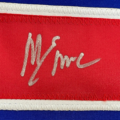 Framed Autographed/Signed Mike Eruzione 35x39 Blue 1980 Miracle On Ice United States Hockey Jersey JSA COA