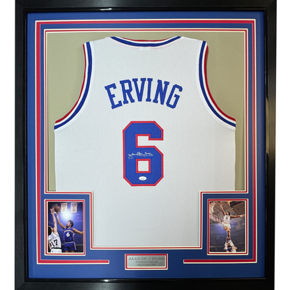 Framed Autographed/Signed Julius Erving Dr. J 35x39 Philadelphia White Basketball Jersey JSA COA