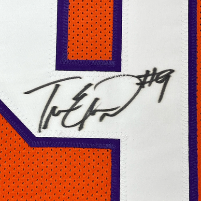 Framed Autographed/Signed Travis Etienne Jr. 35x39 Clemson Orange College Football Jersey JSA COA