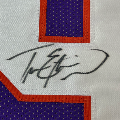 Framed Autographed/Signed Travis Etienne Jr. 35x39 Clemson Purple College Football Jersey JSA COA