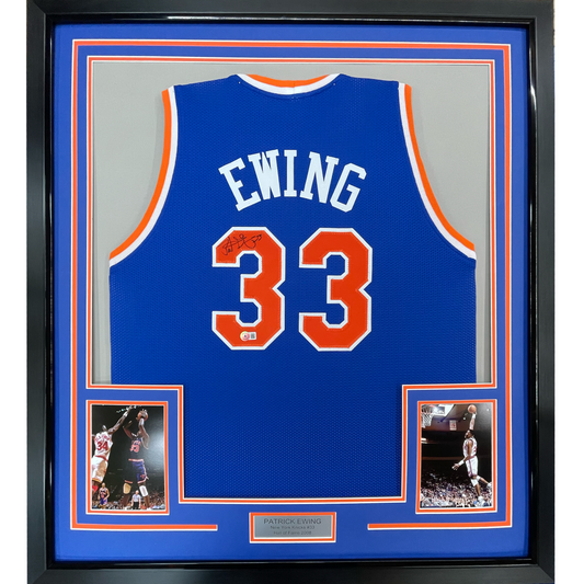 Framed Autographed/Signed Patrick Ewing 35x39 New York Blue Basketball Jersey Beckett BAS COA
