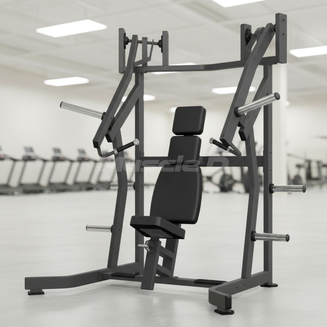 Excel Iso-Lateral Incline Press - Muscle D Fitness - Plate Load Incline Bench - Gas Shock Assisted Seat Adjustment - Weight Storage Pegs