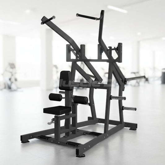 Excel Iso-Lateral Wide Pulldown - Muscle D Fitness - Plate Load Lat Pulldown - Piston Assisted Seat Adjustment - Plate Storage Pegs
