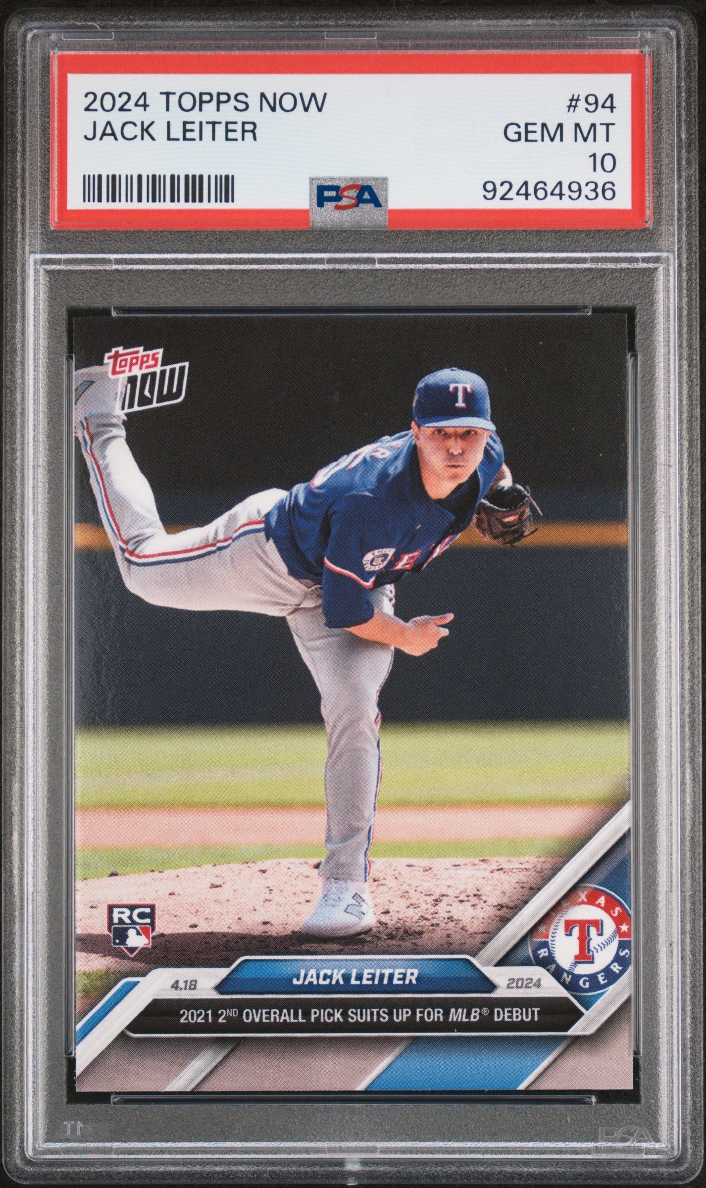 Graded 2024 Topps Now Jack Leiter #94 Rookie RC Baseball Card PSA 10 Gem Mint